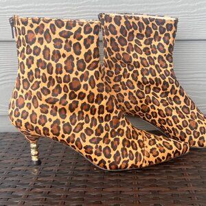 Jon Josef Leather Leopard Print Ankle Boots with Gold Accented Heel